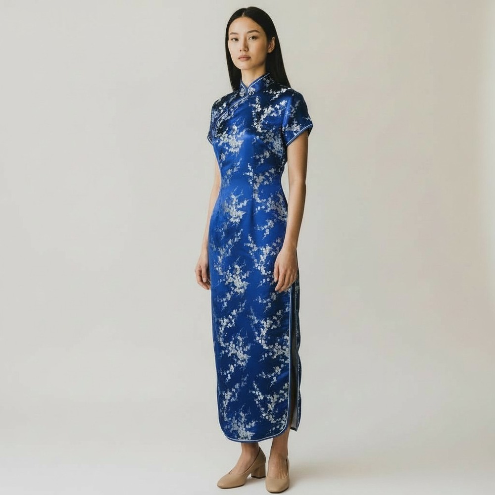Chinese Satin Cheongsam/Qipao Long Dress‎ Women Size M Blue Peony Floral Ankle